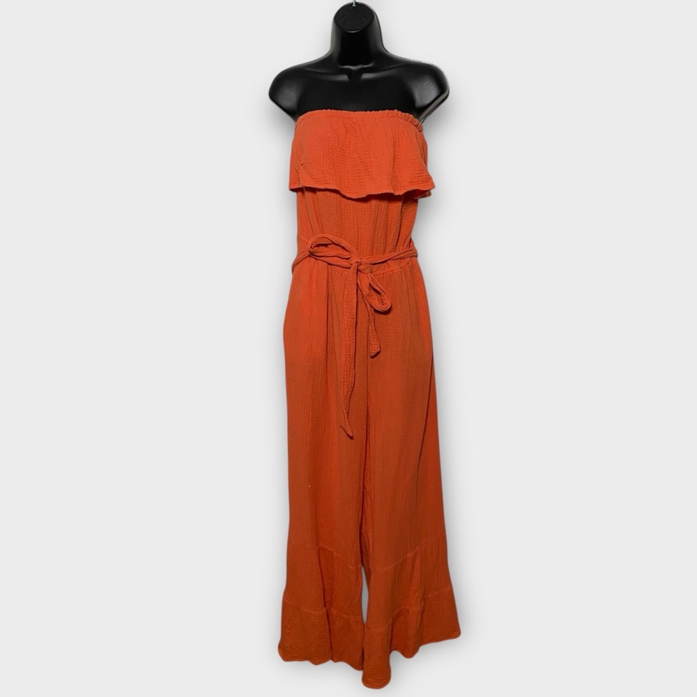 Cato Orange Strapless Gauzy Wide Leg Jumpsuit w/ Waist Tie Size 18/20W